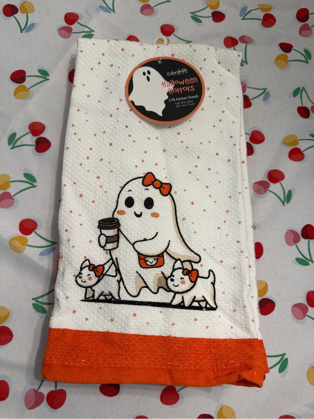 Halloween Ghost Kitchen Towel with Orange Accents